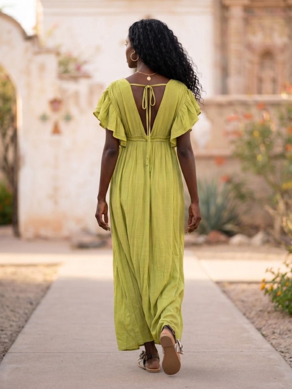 Peach Love Lime Green Gauze Button Front Maxi Dress | Deep V Drawstring Waist - Picture 6 of 8